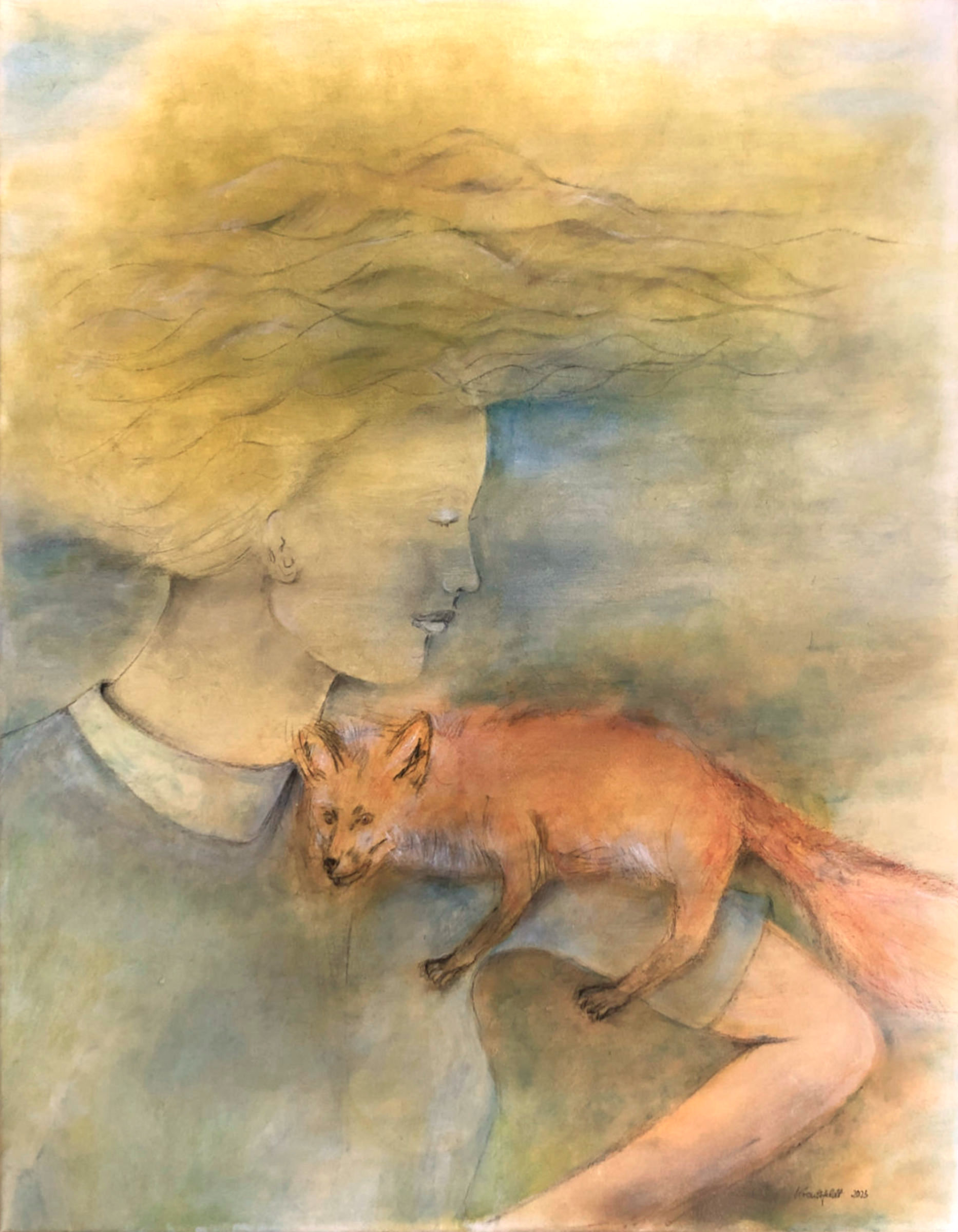 Frau mit Fuchs I, 2023, 90 x 70 cm