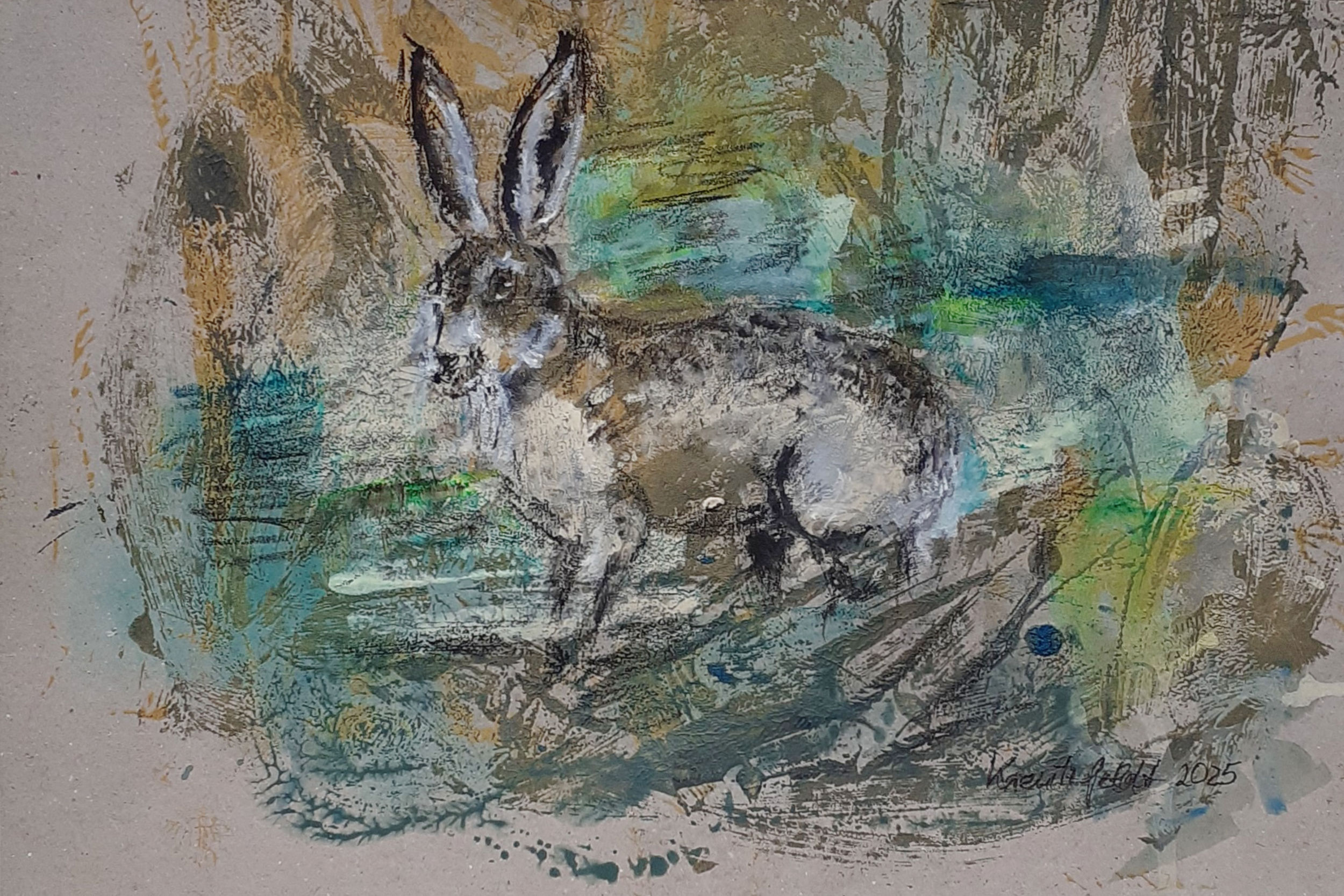 Hase I, 2025 - Neocolorstifte auf Papier, 20 x 30 cm 